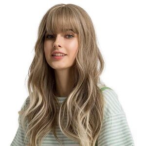 Women Synthetic Wigs Long Wavy Blond with Fluffy Air Bangs Light New Without Tag